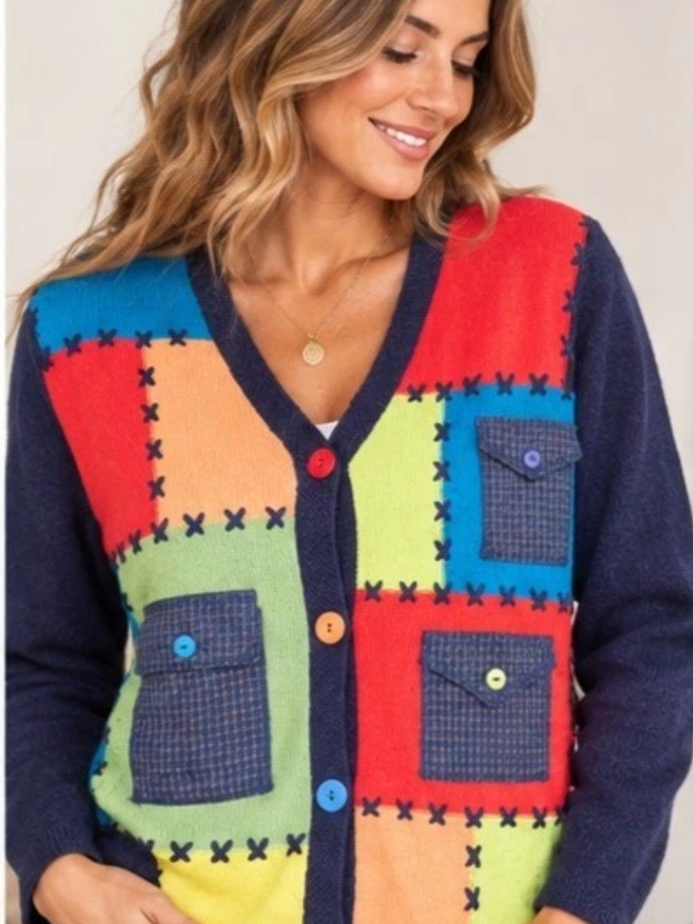 Vintage Lucia Patchwork Cardigan M Ramie Cotton Colorblock Artsy Boho
